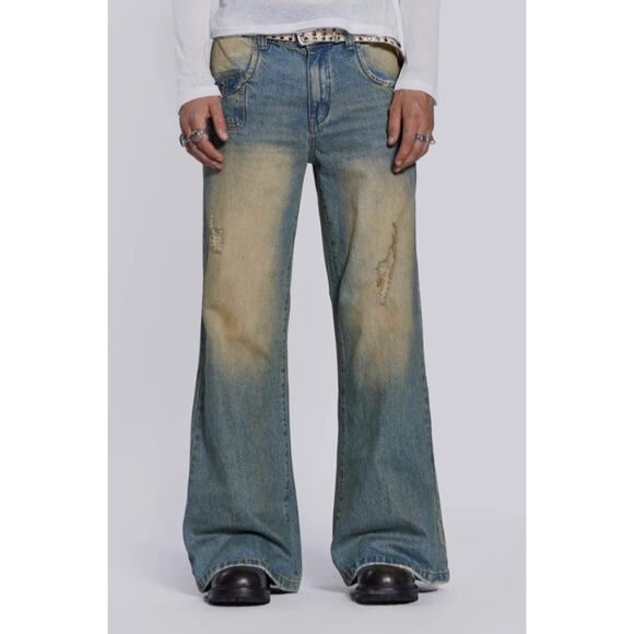 Jaded London Jeans Mens 30 Sandwash Blaze Slim Flare Fit Distressed Y2K Grunge - Picture 2 of 16